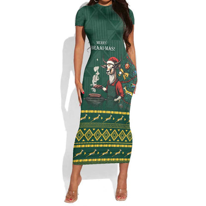 Personalised South Africa Short Sleeve Bodycon Dress Springbok Christmas Braai LT7