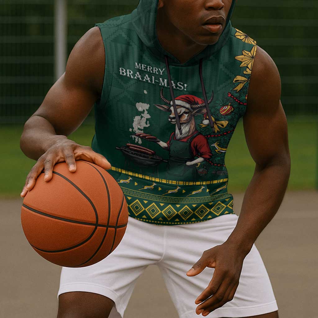 Personalised South Africa Sleeveless Hoodie Springbok Christmas Braai - African Pride