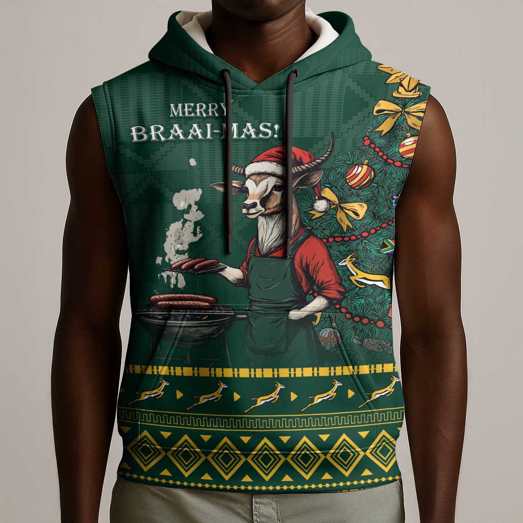 Personalised South Africa Sleeveless Hoodie Springbok Christmas Braai - African Pride