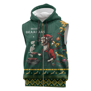 Personalised South Africa Sleeveless Zip Hoodie Springbok Christmas Braai - African Pride