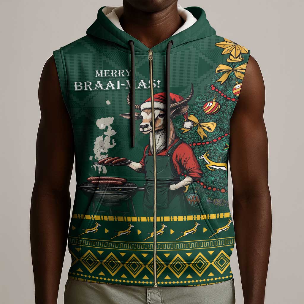 Personalised South Africa Sleeveless Zip Hoodie Springbok Christmas Braai - African Pride