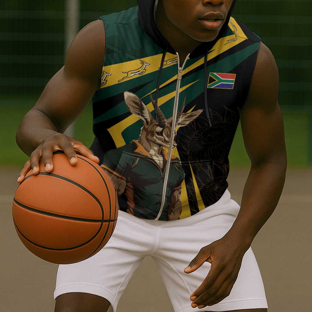 South Africa Bokke Personalised Sleeveless Zip Hoodie Mascot Dynamic - African Pride