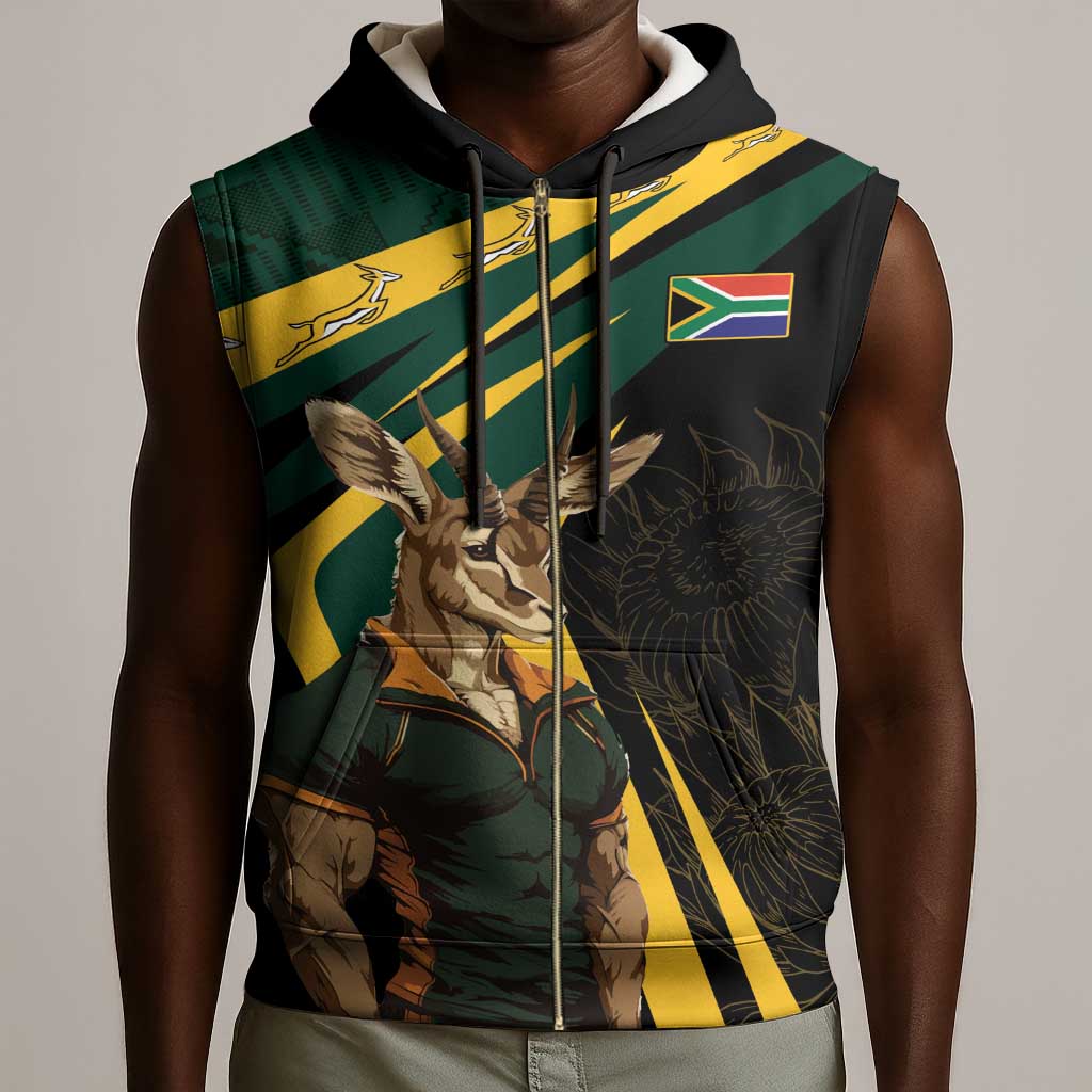 South Africa Bokke Personalised Sleeveless Zip Hoodie Mascot Dynamic - African Pride