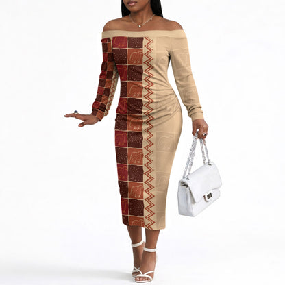 Zimbabwe Heritage Kudhinda Inspired Print Off The Shoulder Long Sleeve Dress