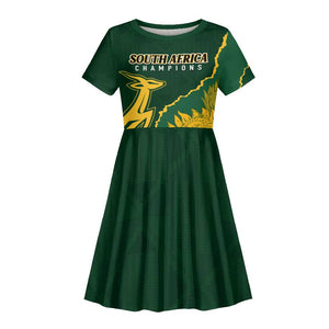 Personalised South Africa Rugby 2023 Kid Short Sleeve Dress Bokke Champions Kente Ethnic