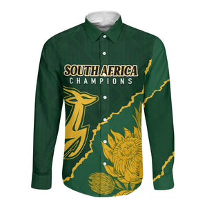 Personalised South Africa Rugby 2023 Long Sleeve Button Shirt Bokke Champions Kente Ethnic