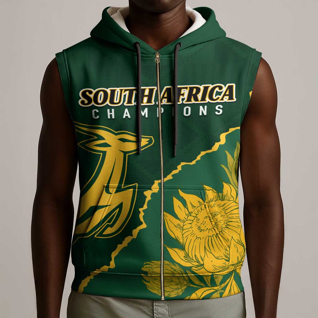 Personalised South Africa Rugby 2023 Sleeveless Zip Hoodie Bokke Champions Kente Ethnic - African Pride