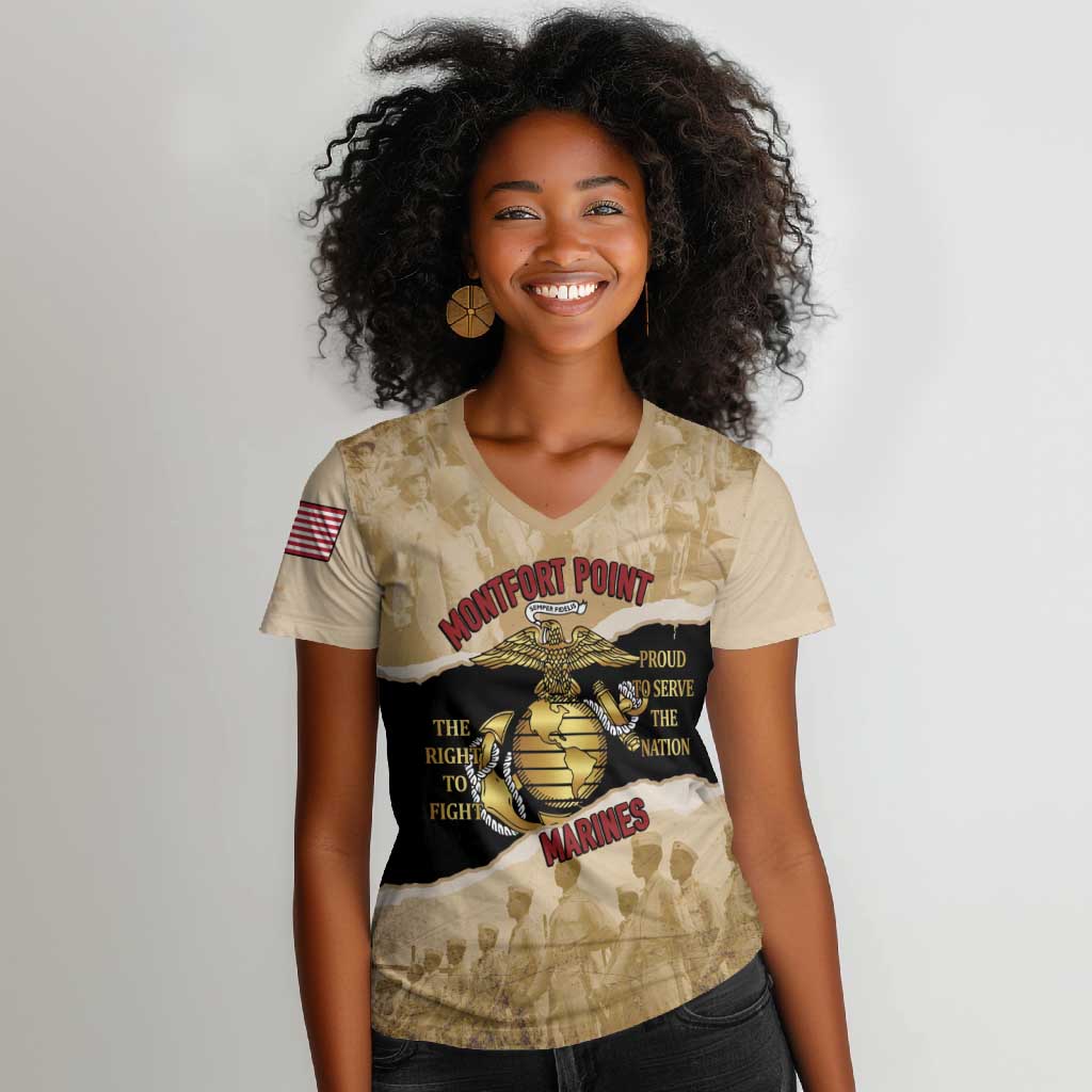 Montfort Point Marines Women V-Neck T-Shirt African American First To Fight Prejudice
