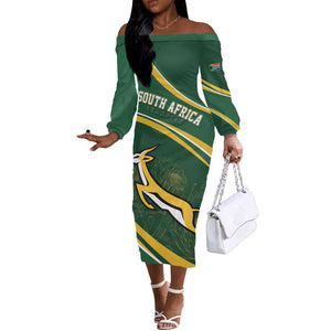 South Africa Rugby Personalized Bokke Off The Shoulder Long Sleeve Dress Springboks - Stronger Together - African Pride
