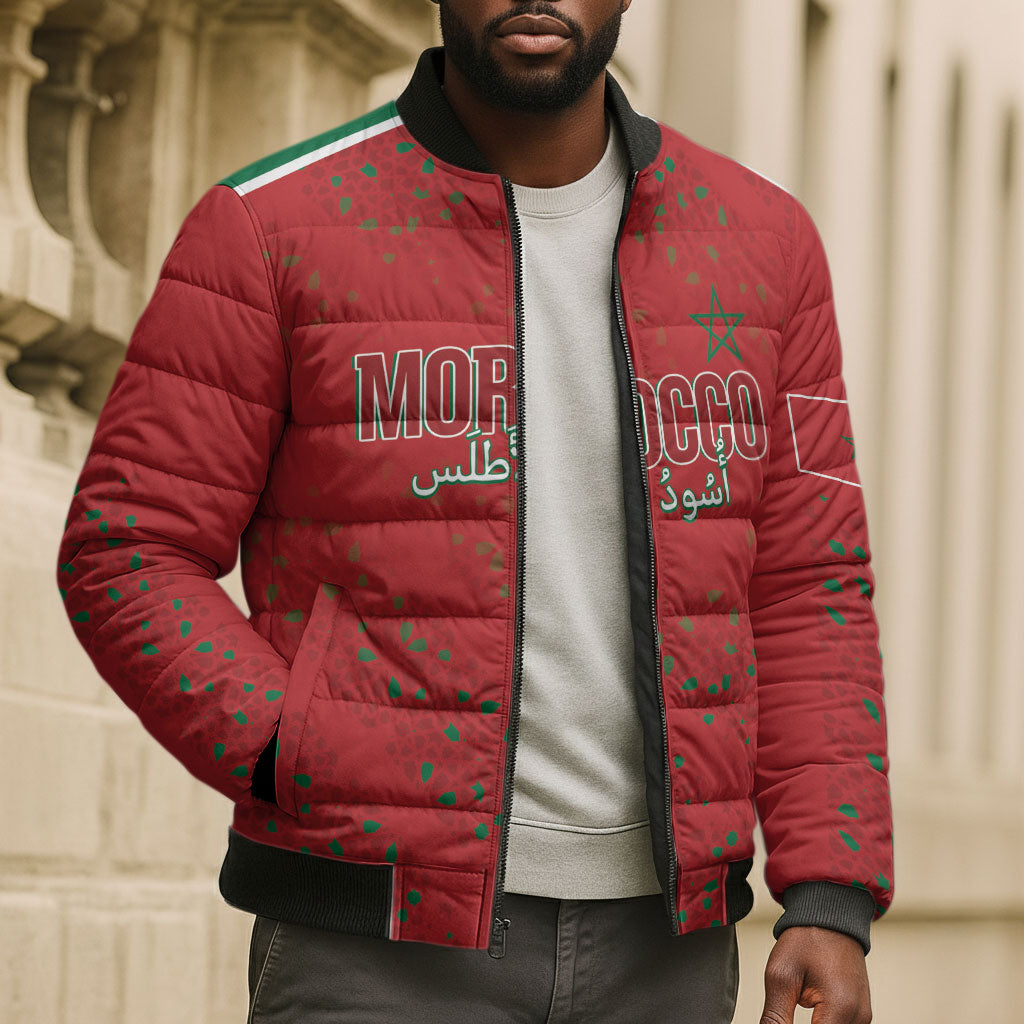 Morocco Football Atlas Lionesses Custom Bomber Puffer Jacket Arabesque Motif
