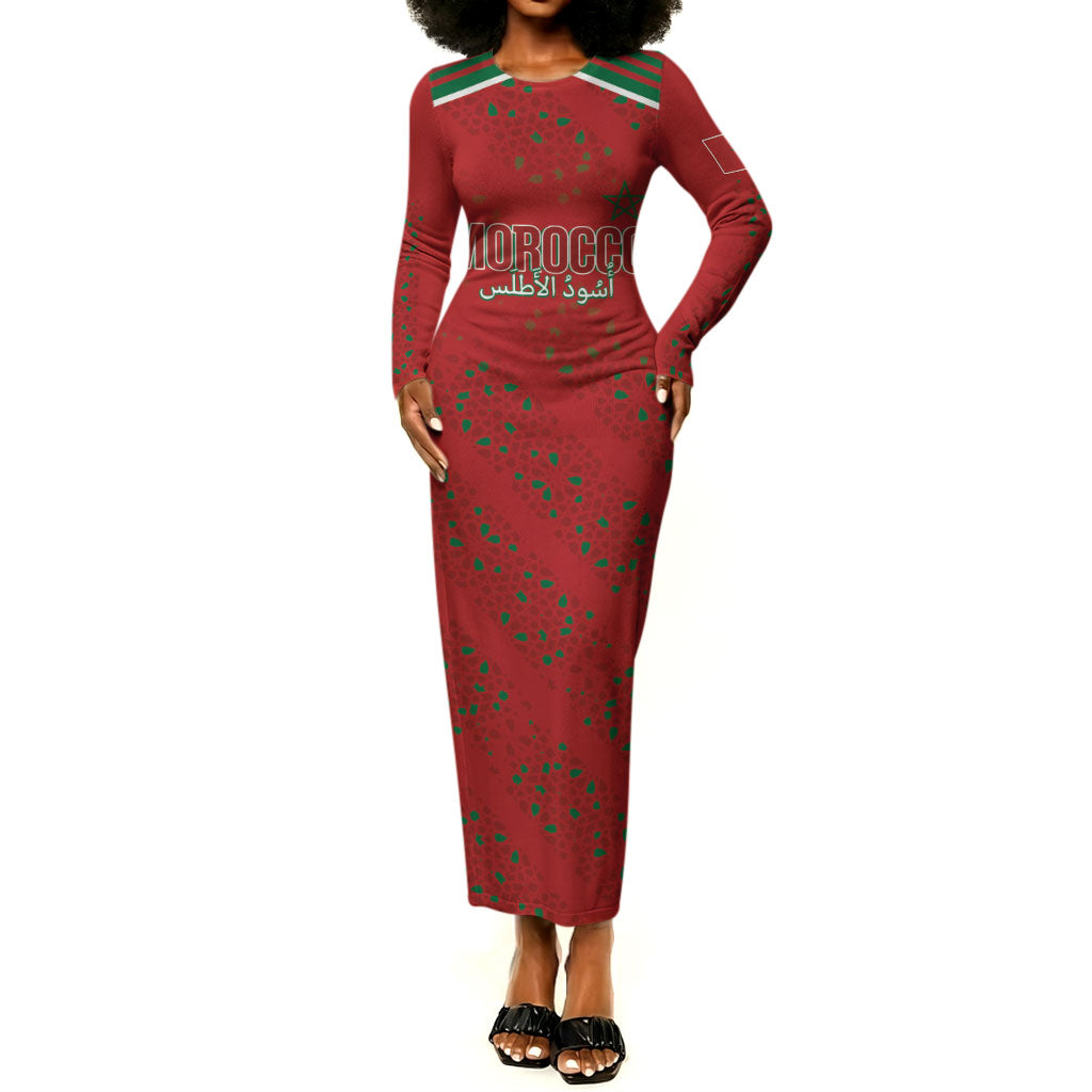 Morocco Football Atlas Lionesses Custom Long Sleeve Bodycon Dress Arabesque Motif