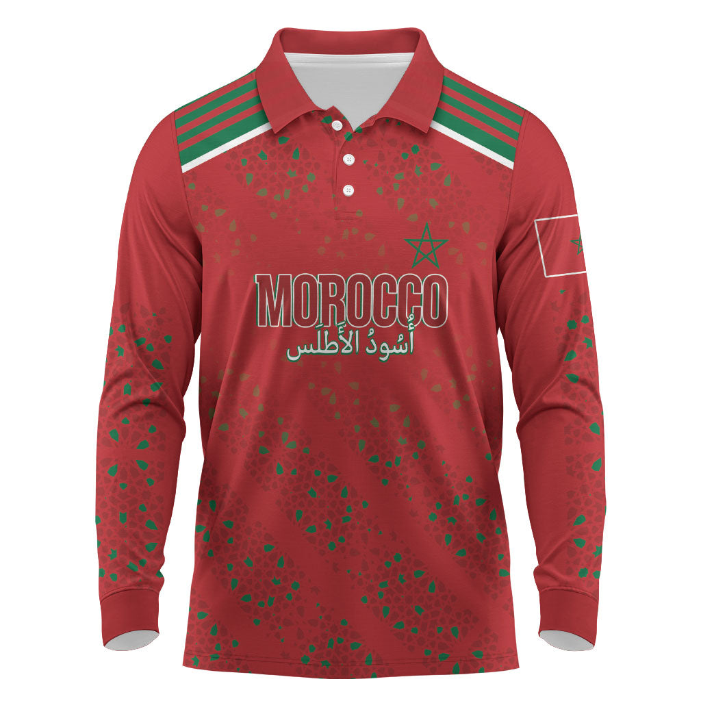 Morocco Football Atlas Lionesses Custom Long Sleeve Polo Shirt Arabesque Motif
