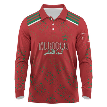 Morocco Football Atlas Lionesses Custom Long Sleeve Polo Shirt Arabesque Motif