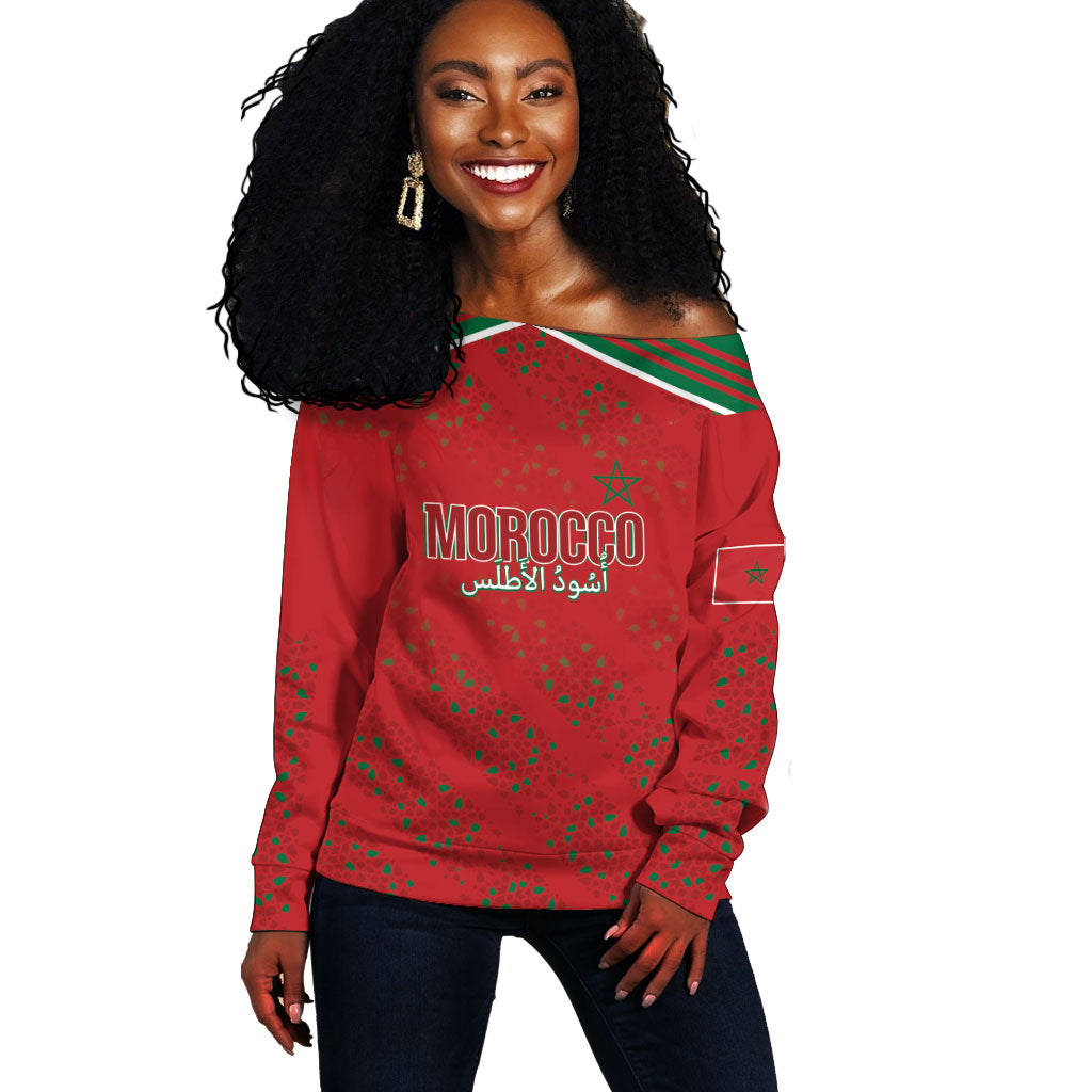 Morocco Football Atlas Lionesses Custom Off Shoulder Sweater Arabesque Motif