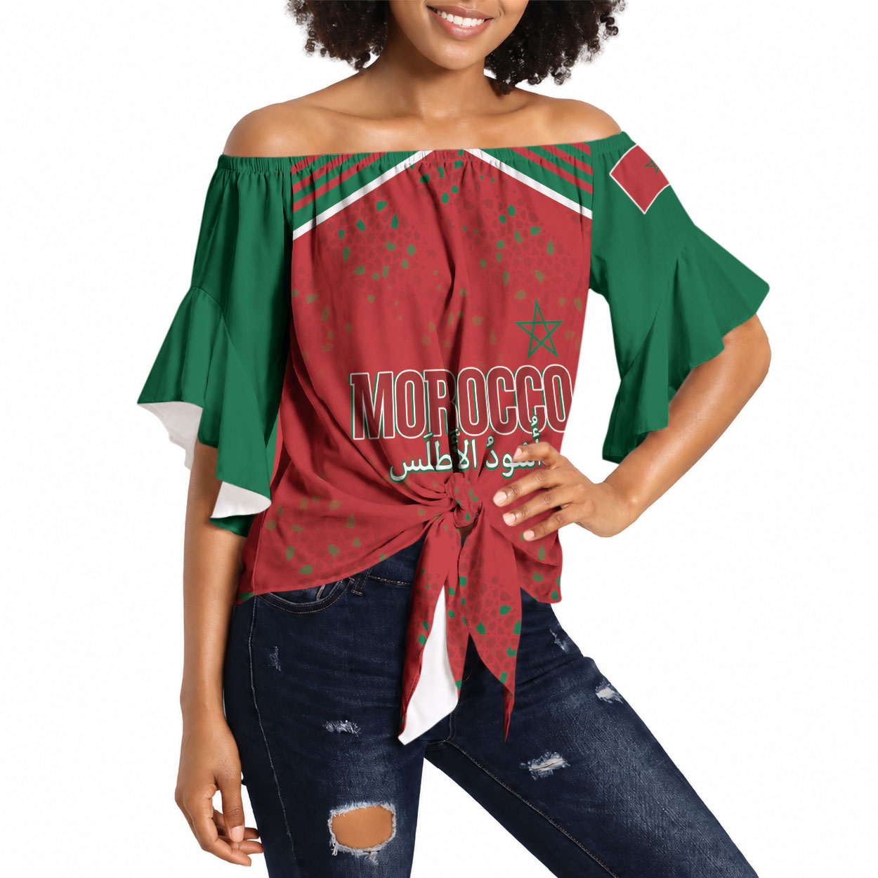 Morocco Football Atlas Lionesses Custom Off Shoulder Wrap Waist Top Arabesque Motif