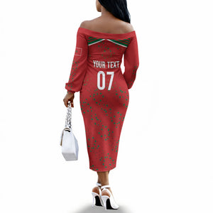 Morocco Football Atlas Lionesses Custom Off The Shoulder Long Sleeve Dress Arabesque Motif