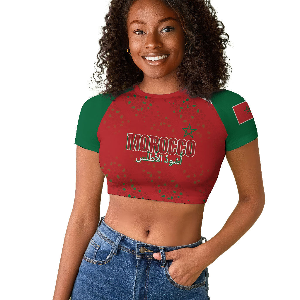 Morocco Football Atlas Lionesses Custom Raglan Cropped T shirt Arabesque Motif