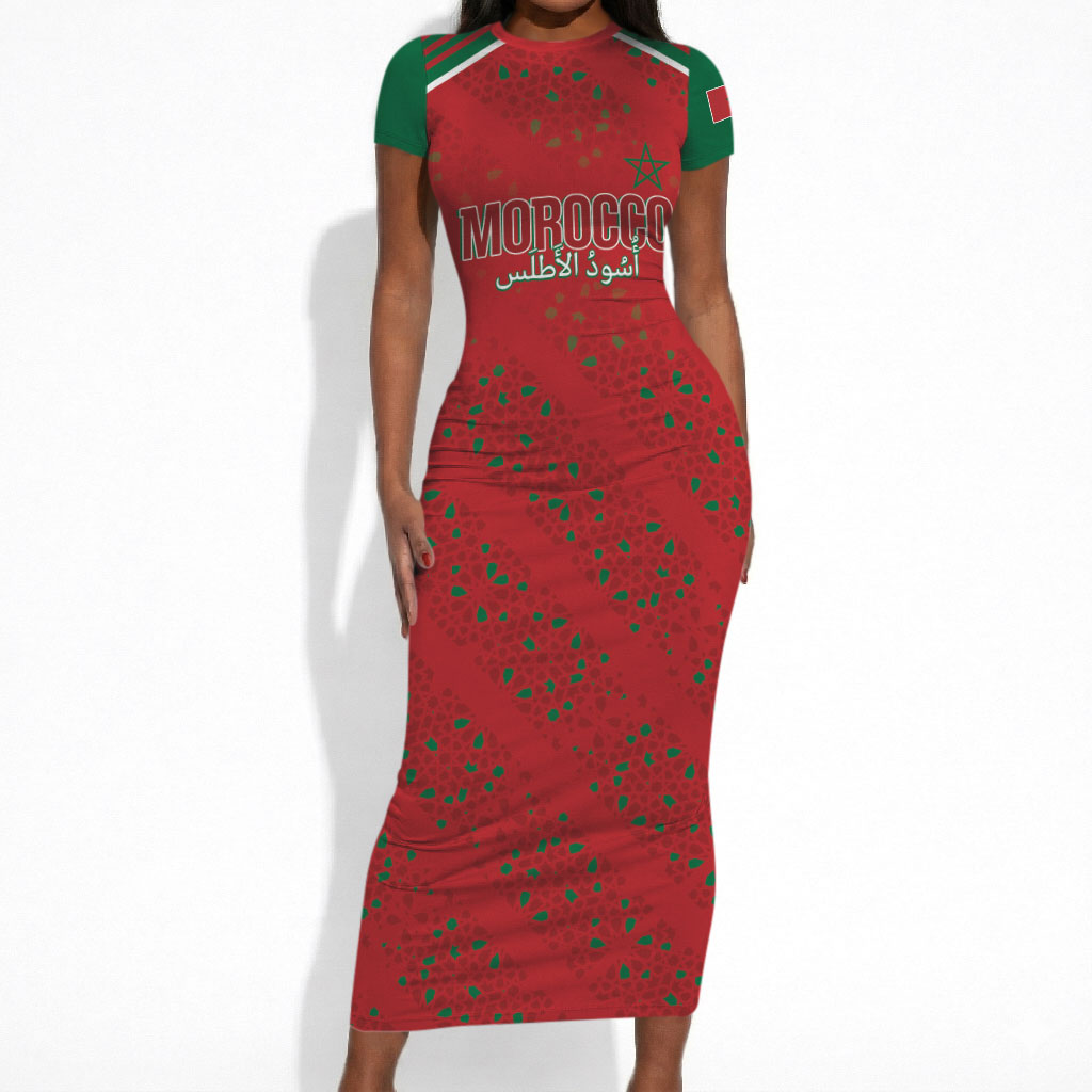 Morocco Football Atlas Lionesses Custom Short Sleeve Bodycon Dress Arabesque Motif