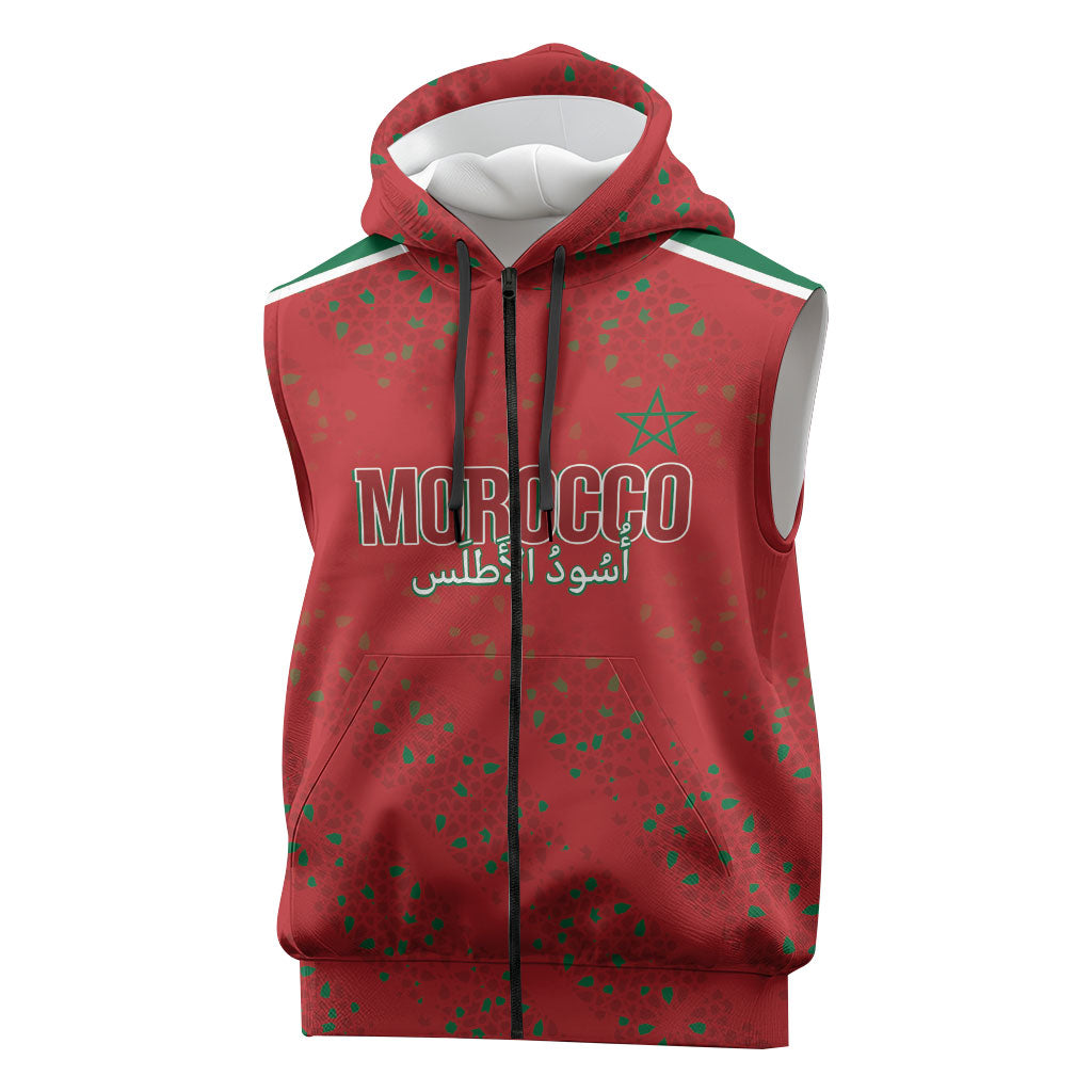 Morocco Football Atlas Lionesses Custom Sleeveless Zip Hoodie Arabesque Motif