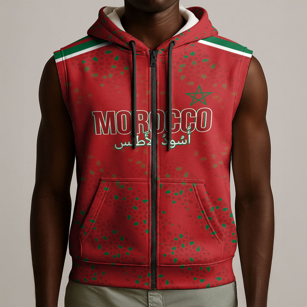 Morocco Football Atlas Lionesses Custom Sleeveless Zip Hoodie Arabesque Motif