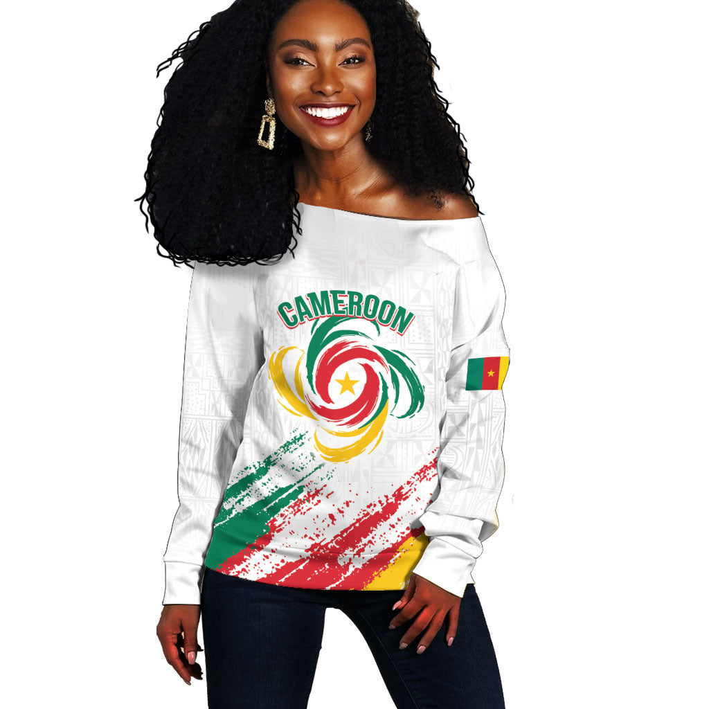 Cameroon Les Lionnes Indomptables Football Custom Off Shoulder Sweater Toghu Pattern