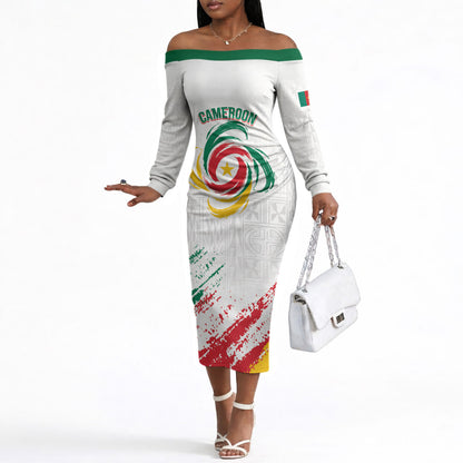 Cameroon Les Lionnes Indomptables Football Custom Off The Shoulder Long Sleeve Dress Toghu Pattern