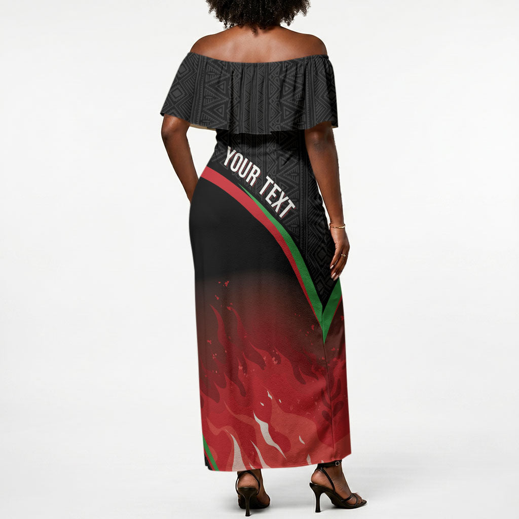 Malawi Football Personalized Blazing Fires Off Shoulder Maxi Dress Scorchers Fighting