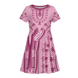 Afro Breast Cancer Awareness Dashiki Kid Short Sleeve Dress Glamorous Pink - African Pride