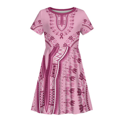 Afro Breast Cancer Awareness Dashiki Kid Short Sleeve Dress Glamorous Pink - African Pride