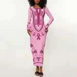 Afro Breast Cancer Awareness Dashiki Long Sleeve Bodycon Dress Glamorous Pink - African Pride