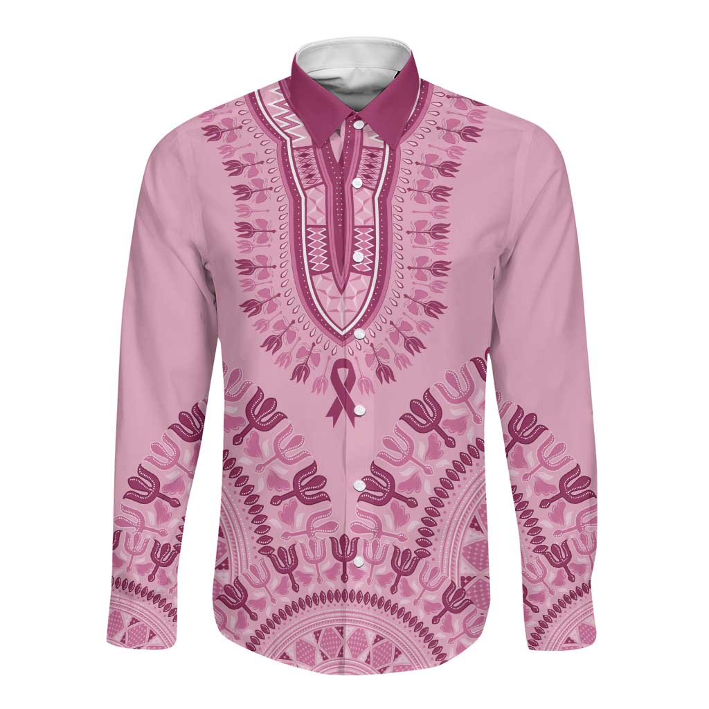 Afro Breast Cancer Awareness Dashiki Long Sleeve Button Shirt Glamorous Pink - African Pride