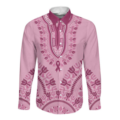 Afro Breast Cancer Awareness Dashiki Long Sleeve Button Shirt Glamorous Pink - African Pride