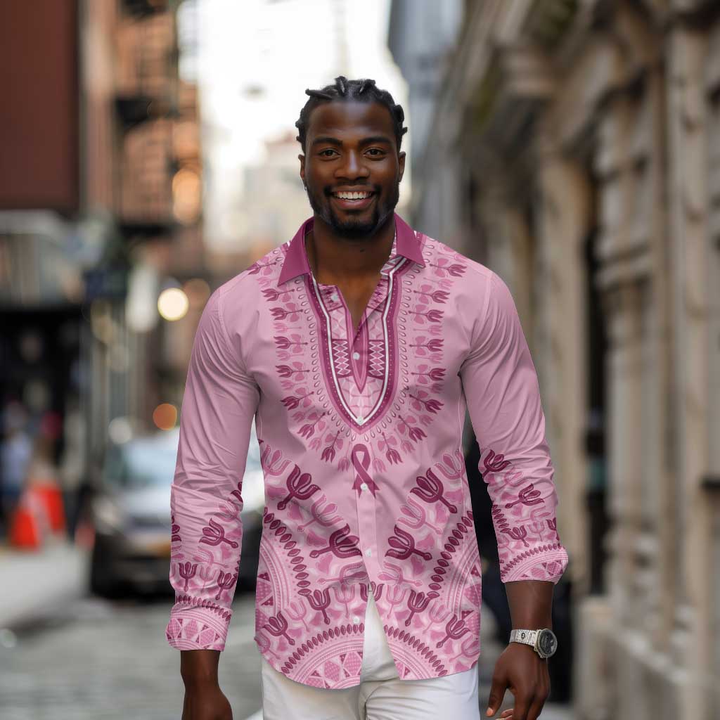 Afro Breast Cancer Awareness Dashiki Long Sleeve Button Shirt Glamorous Pink - African Pride
