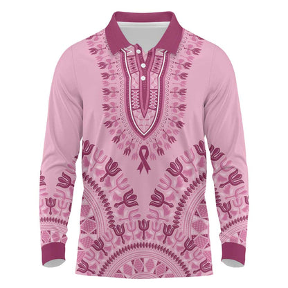 Afro Breast Cancer Awareness Dashiki Long Sleeve Polo Shirt Glamorous Pink - African Pride