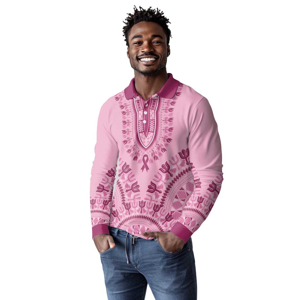 Afro Breast Cancer Awareness Dashiki Long Sleeve Polo Shirt Glamorous Pink - African Pride