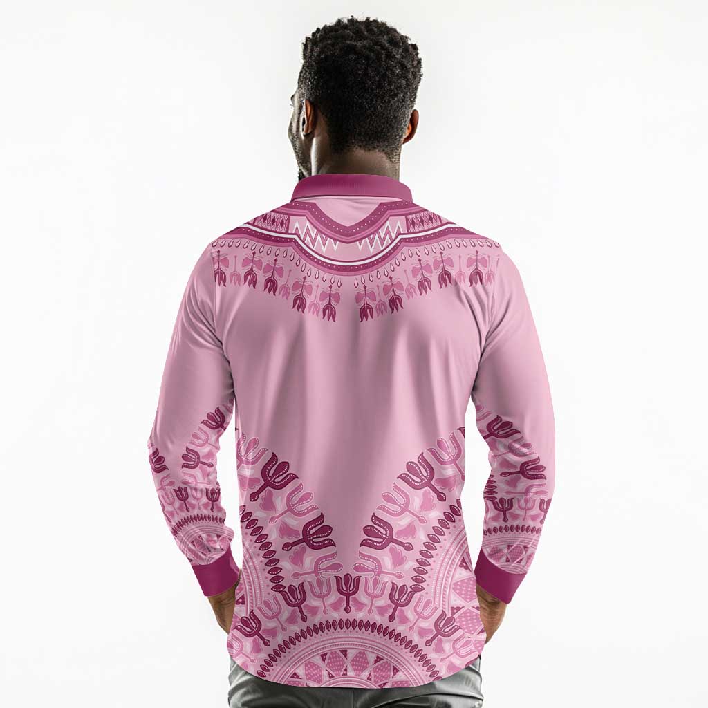 Afro Breast Cancer Awareness Dashiki Long Sleeve Polo Shirt Glamorous Pink - African Pride