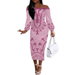 Afro Breast Cancer Awareness Dashiki Off The Shoulder Long Sleeve Dress Glamorous Pink - African Pride