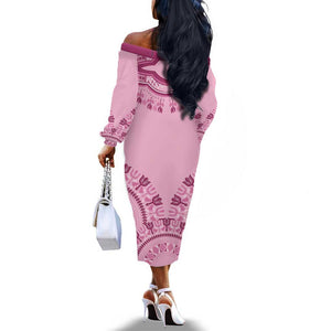 Afro Breast Cancer Awareness Dashiki Off The Shoulder Long Sleeve Dress Glamorous Pink - African Pride