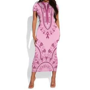 Afro Breast Cancer Awareness Dashiki Short Sleeve Bodycon Dress Glamorous Pink - African Pride