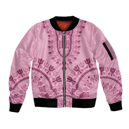 Afro Breast Cancer Awareness Dashiki Sleeve Zip Bomber Jacket Glamorous Pink - African Pride