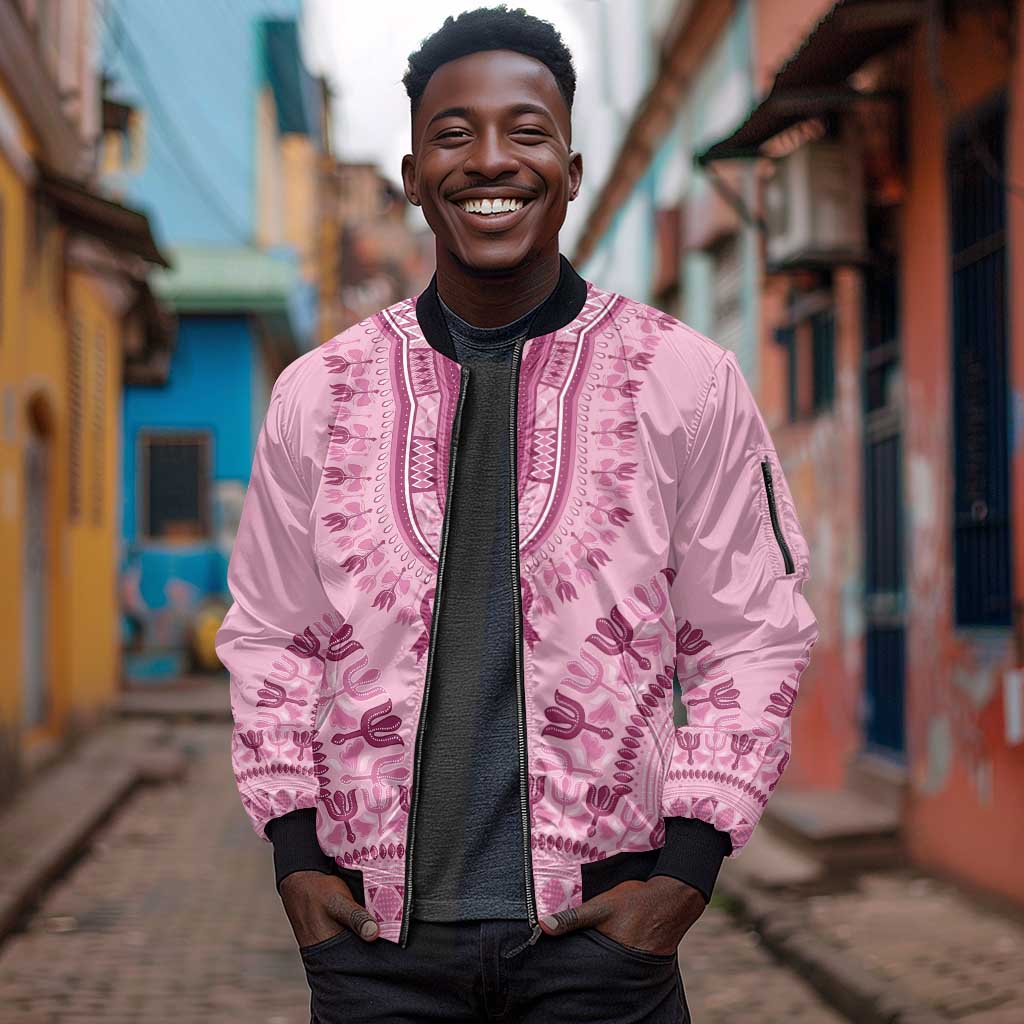 Afro Breast Cancer Awareness Dashiki Sleeve Zip Bomber Jacket Glamorous Pink - African Pride
