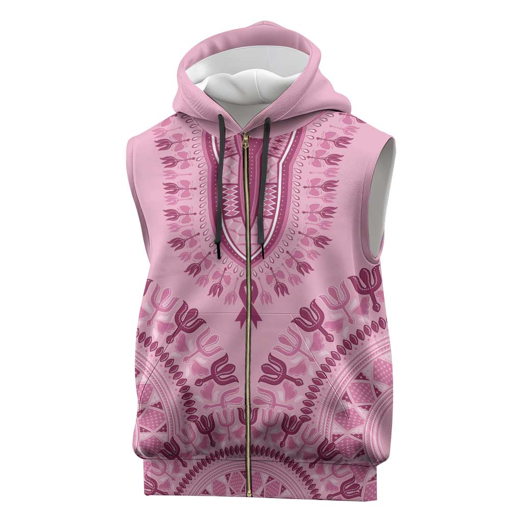 Afro Breast Cancer Awareness Dashiki Sleeveless Zip Hoodie Glamorous Pink - African Pride