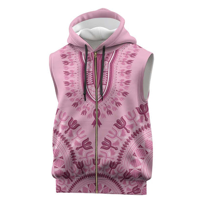 Afro Breast Cancer Awareness Dashiki Sleeveless Zip Hoodie Glamorous Pink - African Pride