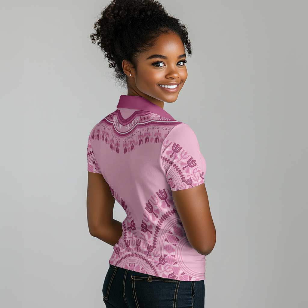 Afro Breast Cancer Awareness Dashiki Women Polo Shirt Glamorous Pink - African Pride