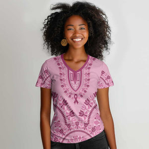 Afro Breast Cancer Awareness Dashiki Women V-Neck T-Shirt Glamorous Pink - African Pride