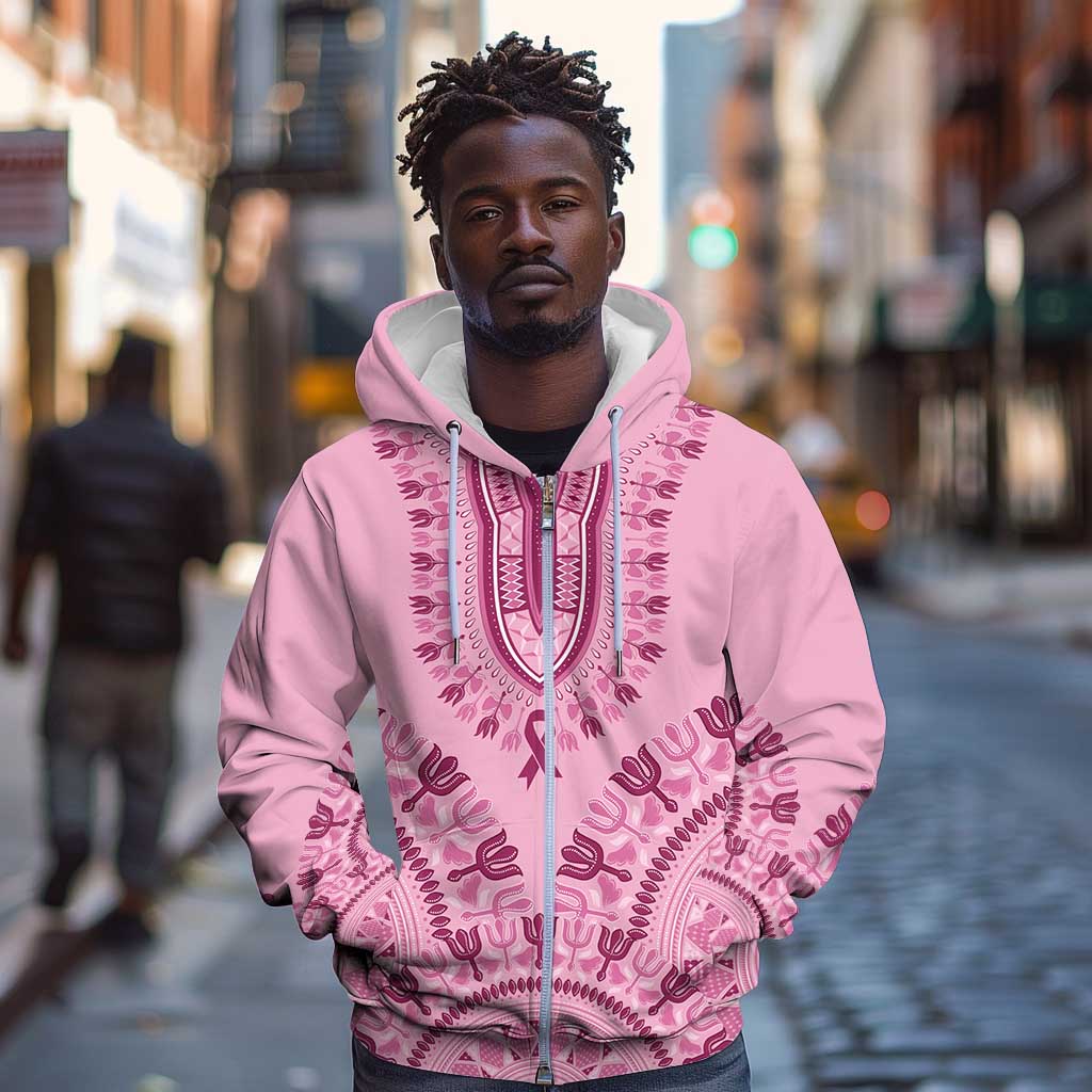 Afro Breast Cancer Awareness Dashiki Zip Hoodie Glamorous Pink - African Pride