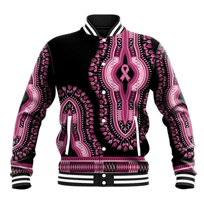 Breast Cancer Awareness Pink Ribbon Afro Baseball Jacket Dashiki Style - African Pride