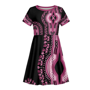 Breast Cancer Awareness Pink Ribbon Afro Kid Short Sleeve Dress Dashiki Style - African Pride