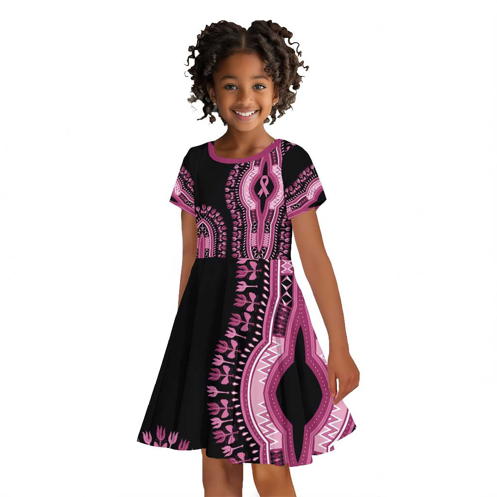 Breast Cancer Awareness Pink Ribbon Afro Kid Short Sleeve Dress Dashiki Style - African Pride