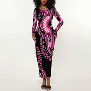 Breast Cancer Awareness Pink Ribbon Afro Long Sleeve Bodycon Dress Dashiki Style - African Pride